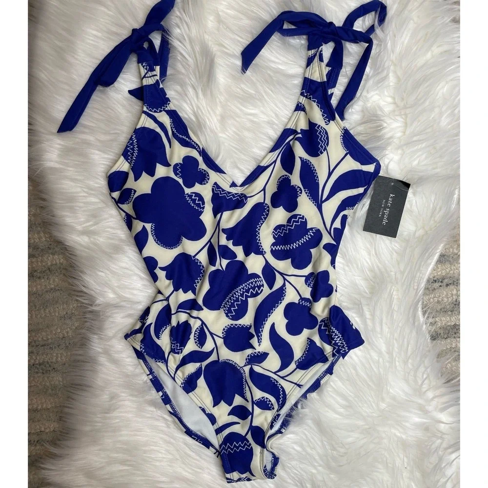 Kate Spade Zigzag Floral Bow Strap One Piece Swimsuit Women Blue Small $148
